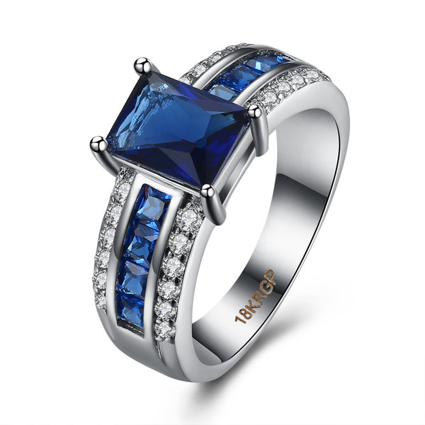 Engagement Gorgeous Jewelry Bague Luxury Blue Glass Stone Crystal White Gold