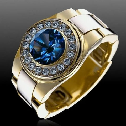 Fashion Round Inlaid White Blue Zircon Rings for Men Business Gold Color Party Engagement Wedding Rings Jewelry