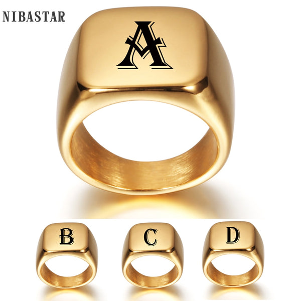 Personalized Initial Engrave A to Z Alphabet Stainless Steel Signet Blank Plain Ring Band High Polished Gold Tone U.S.Size