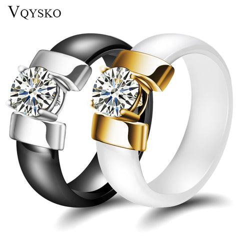 White Black Ceramic Rings Plus Cubic Zirconia For Women Gold Color Stainless Steel