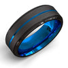 8MM Black Brushed Ladder Edge Stainless Steel Ring Blue Groove Gifts For Men