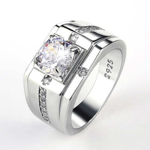 Luxury Silver Color Round Cubic Zircon Rings for Men Dazzling Male Accessories Jewelry Hot