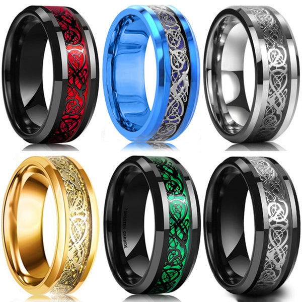 Beautiful 8 Colors 8mm Men's Stainless Steel Dragon Ring Inlay Red Green Black Carbon Fiber