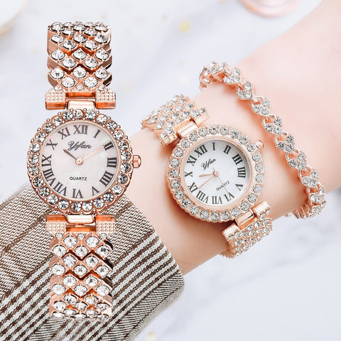 Luxury Rose Gold Watch Fashion Ladies Quartz Diamond Wristwatch Elegant Female Bracelet Watches 2pcs Set