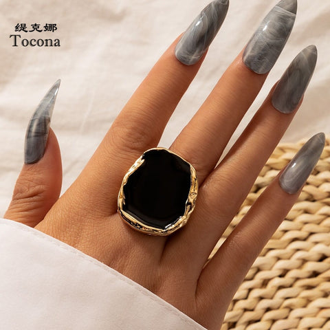 Black Stone Gold Ring for Women Charms Dripping Oil Big Joint Ring