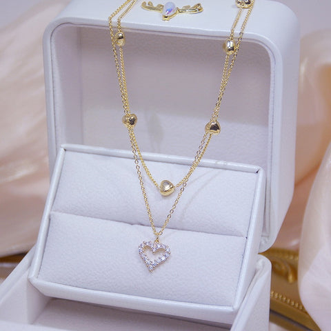 Gold Color Double Layer Heart Necklace For Women Clavicle Chain Elegant Charm Pendant