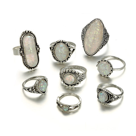 Vintage Antique Silver Color Rings Sets Colorful Opal Crystal Stone Carve for Women Free Shipping