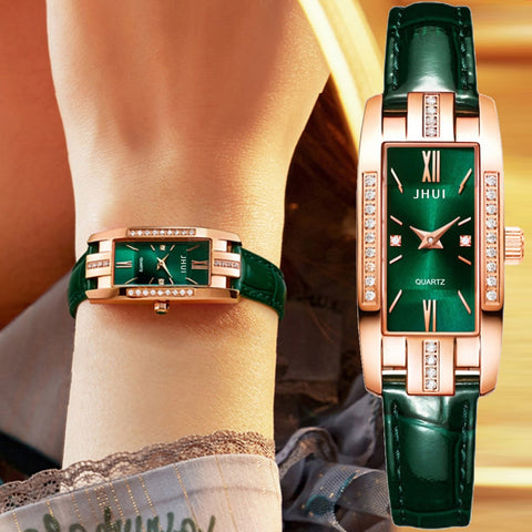 Luxury Women Square Rose Gold Wrist Watches Green Leather Fashion Great Gift *Free Shipping