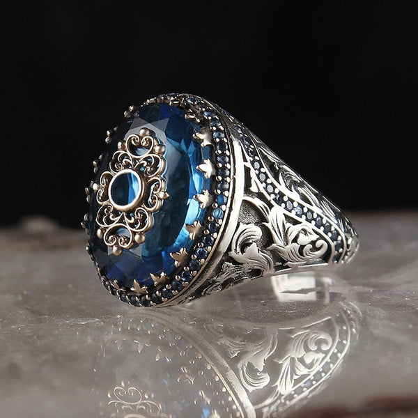 Handmade Turkish Signet Ring For Men And Women Ancient Silver Color Carved Ring Inlaid Blue