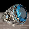 Handmade Turkish Signet Ring For Men And Women Ancient Silver Color Carved Ring Inlaid Blue