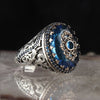 Handmade Turkish Signet Ring For Men And Women Ancient Silver Color Carved Ring Inlaid Blue