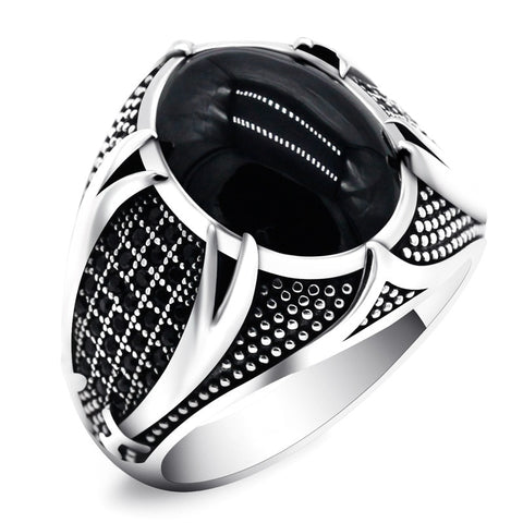 Handmade Islamic Ring For Men Vintage Turkish Double Swords Black CZ Stone Ring Trendy Religious Muslim Jewelry