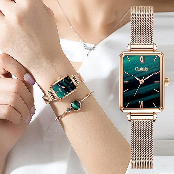 Fashion Square Ladies Quartz Watch Bracelet Set Green Dial Simple Rose Gold Mesh Luxury Women Watches