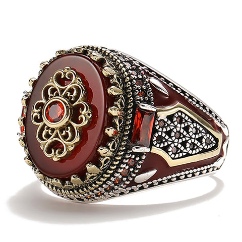 luxury natural red stone Turkish handmade crown ring is suitable for men and women fashion trend banquet jewelry gifts