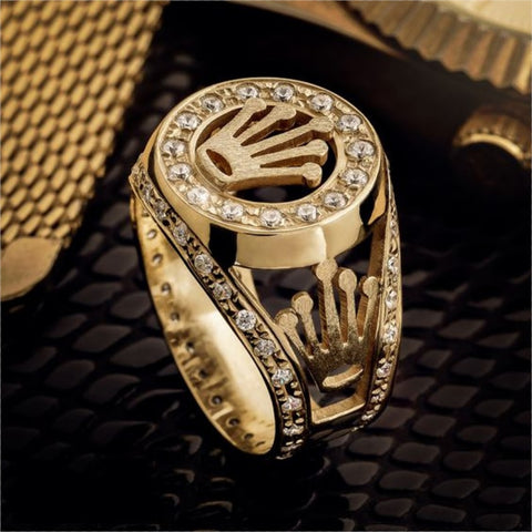 Gold Color Zircon Crown Ring For Men Luxury Party Male Jewelry Accessories Size 6-13