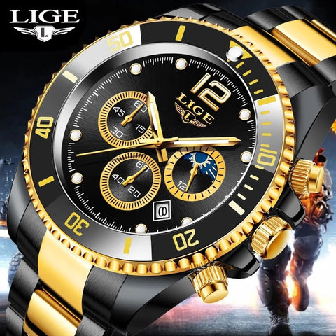 Top Brand Luxury Clock Casual Stainless Steel 24Hour Moon Phase Men Watch Sport Waterproof