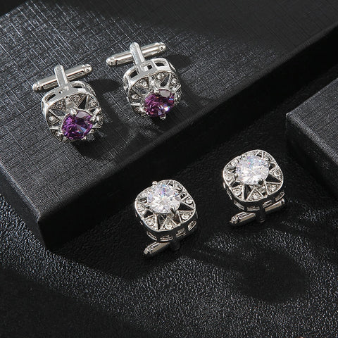 Luxury White Purple Enamel Crystal Zircon Cufflinks